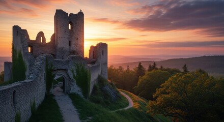 Obraz premium Majestic medieval castle ruins enveloped in warm hues during sunset hours