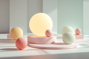 Fototapeta premium Pastel spheres on light pink podiums in a minimalist setting