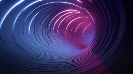 A mesmerizing, digitally rendered image depicts a swirling, dark tunnel illuminated by vibrant, pulsating neon lights. The tunnel?s walls are composed of concentric, layered rings,