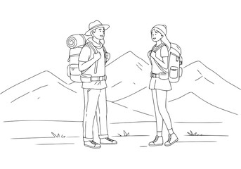 Hiking Couple Outline. drawing illustration, coloring page, line art