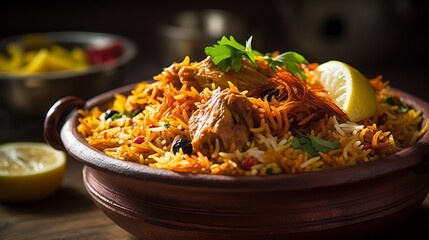 Biryani - a fragrant Indian rice dish typically made with spices, meat chicken or lamb, and vegetables