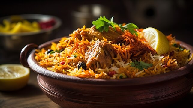 Biryani - a fragrant Indian rice dish typically made with spices, meat chicken or lamb, and vegetables