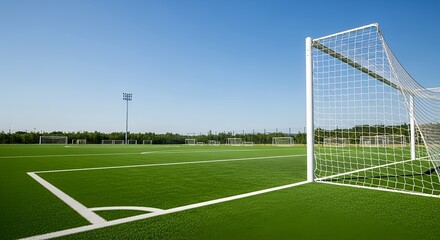 A well-maintained green football field with goal posts and clear blue skies, ready for a match
