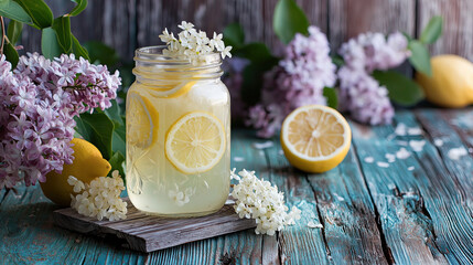 Rustic wooden table with fresh lemonade, flowers around, spring refreshment vibes
