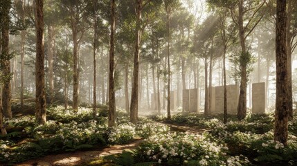 Fototapeta premium Memorial forest where AI renders deceased people favorite smells as living trees, aroma green and sepia memory, scent-historical botany 