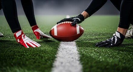 American football on a green grass field, with players' hands positioned at the line of scrimmage, ready for the intense game start