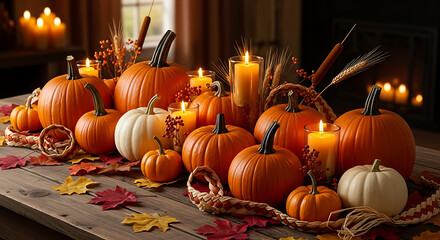 Fall arrangement with pumpkins candles and autumn leaves on a wooden table in a cozy setting ai generated