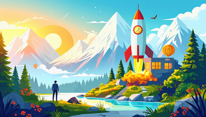 Adventurous man standing before majestic mountain landscape with copy space for text illustrations on white background