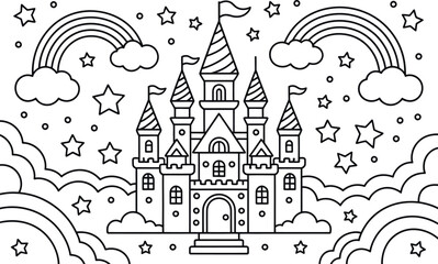 A whimsical, black and white line art illustration of a fairytale castle nestled amongst clouds, rainbows, and stars.