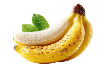 Fresh bananas with water droplets one peeled with green leaves on transparent background