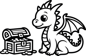 Cute Dragon Looking at a Treasure Chest, Perfect for Coloring