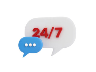 3D rendering representing twenty four seven assistance in speech bubbles on clear backdrop
