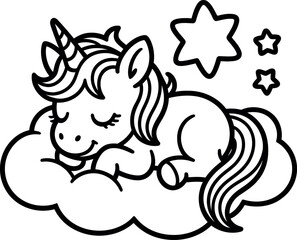 Cute Sleeping Unicorn on a Cloud at Night