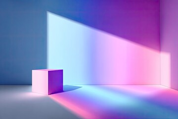 Empty, light-filled room with pink cube