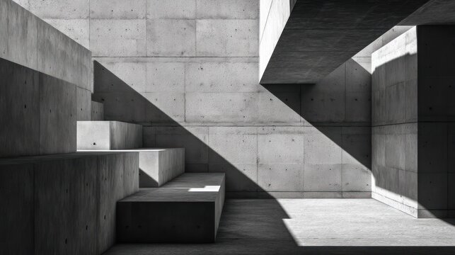 A stark, black and white photograph captures a minimalist interior space dominated by concrete architecture.