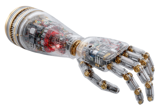 Intricate robotic arm with transparent casing showcasing internal mechanisms and technology on transparent background