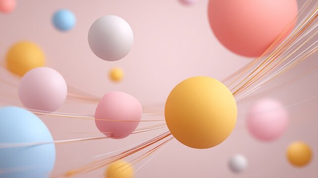 A minimalist, abstract composition features a collection of pastel-colored spheres suspended against a soft pink gradient background. Thin, golden strands radiate outwards from the spheres, - Powered by Adobe