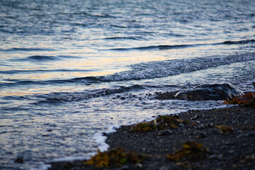 Gentle Ocean Wave Washing Pebble Shore at Sunset