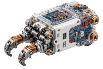 Intricate robotic arm with transparent casing showcasing internal mechanisms and design on transparent background