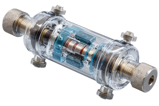 Transparent cylinder showcases intricate internal components and engineering design on transparent background