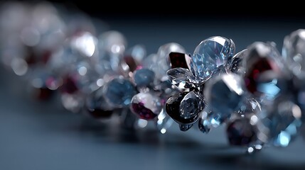 a string of jewels adorns a surface, featuring clear, red, and blue stones. the jewels have a distinct, multi faceted form, which refracts light in various directions