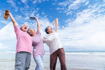 Happy Asian senior woman friends walking together on the beach at sunset. Group of Healthy wellness...