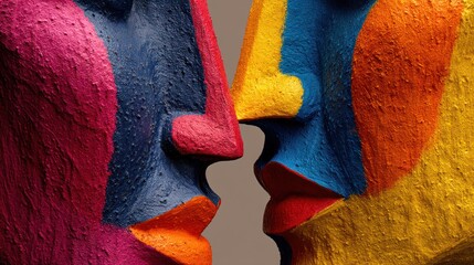 Two sculpted heads, painted in vibrant, contrasting colors, are dramatically close, their noses nearly touching. The figures are textured with a rough, stucco-like surface, 