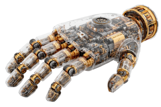 Detailed view of a transparent robotic hand with intricate golden mechanical parts on transparent background