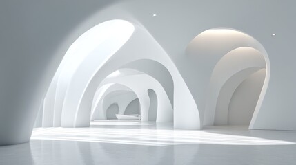 A dramatic, minimalist interior space is illuminated by focused spotlights, creating a sense of depth and mystery. The architecture features a series of sweeping, curved white forms that resemble a...