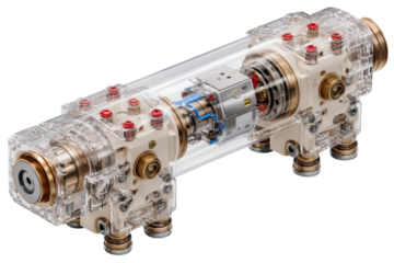 Intricate industrial machinery with transparent casing showcasing internal components on transparent background