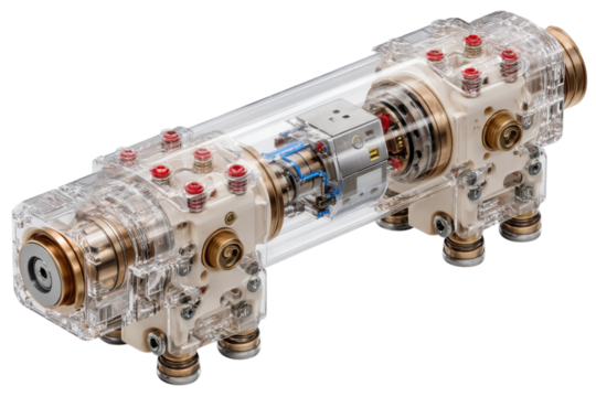 Intricate industrial machinery with transparent casing showcasing internal components on transparent background