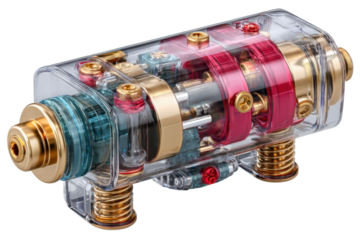 Detailed view of a transparent colorful intricate mechanical device component on transparent background