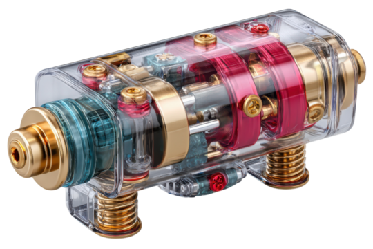 Detailed view of a transparent colorful intricate mechanical device component on transparent background