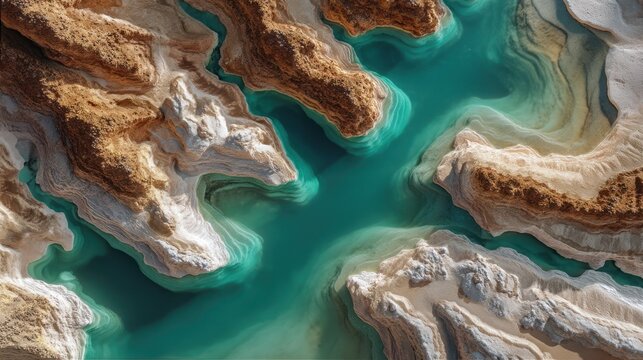 A stunning aerial view showcases a dramatic, turquoise-colored water-filled canyon carved into a vast, white, mineral-rich landscape. The water flows through a complex network of winding channels and. - Powered by Adobe