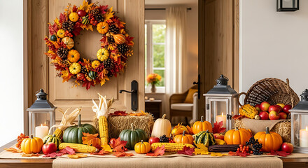 Autumnal display with wreath over doorway and table arrangement including pumpkins and apples ai generated
