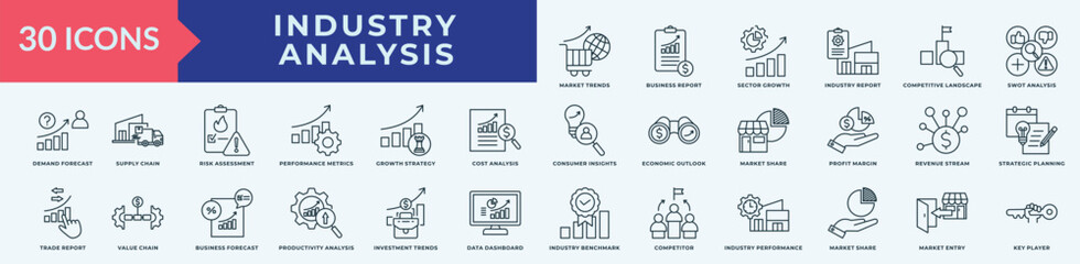 Industry Analysis icon collection set with  market trends, business report, sector growth, industry report, competitive landscape