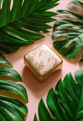 A small, ornate, gold-toned compact case rests centrally on a pink surface, surrounded by lush, green monstera leaves. The leaves frame the compact, creating a layered effect and a sense of tropical..