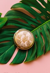 A close-up shot features a gold compact mirror resting delicately on a vibrant green Monstera leaf. The leaf?s deep green color contrasts beautifully with the warm gold of the mirror?