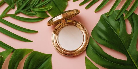 A closed, rose-gold compact powder sits centrally on a soft pink surface, surrounded by vibrant green monstera leaves. The leaves create a lush, tropical backdrop, adding a touch of natural elegance.