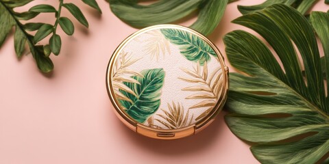 A pink surface serves as the backdrop for a gold-toned compact mirror adorned with a delicate floral pattern of tropical leaves. Lush green monstera leaves frame the mirror, 