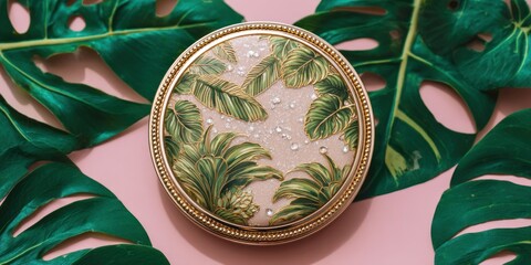 A decorative compact mirror sits prominently on a pink surface, surrounded by lush, green monstera leaves. The mirror?s surface is intricately decorated with...