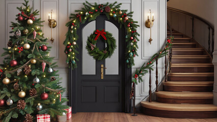 Classic Christmas setup with red, green, and gold decorations, wreath on the door. Ai generated.
