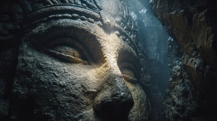A dramatic, close-up shot captures the weathered face of a colossal stone Buddha statue, partially submerged within a dark, cavernous space. A powerful beam of light illuminates the statue?