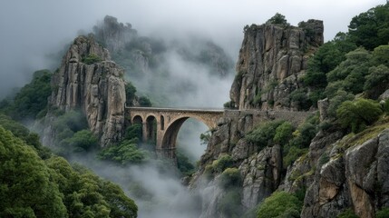 A dramatic, wide-angle photograph captures a majestic stone bridge spanning a deep gorge, enveloped in thick, swirling mist. Towering, rugged rock formations rise dramatically on either side...