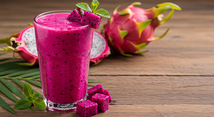 Refreshing Dragon Fruit Smoothie with Fresh Fruit and Mint on a Rustic Wooden Background