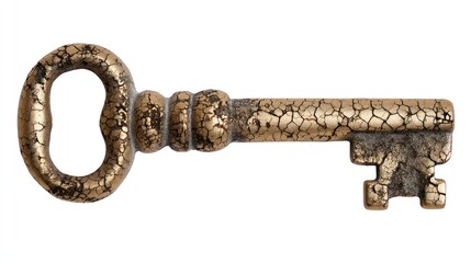 A weathered, antique key rests against a white background. The key is a rich, bronze color with a textured, cracked finish that suggests age and wear. It features a large, circular bow and intricate, 