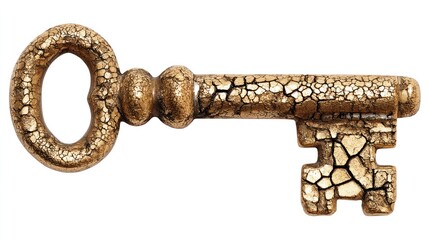 A highly detailed, golden key rests against a white background. The key?s shaft exhibits a textured, cracked surface resembling aged metal or stone, with a shimmering gold finish