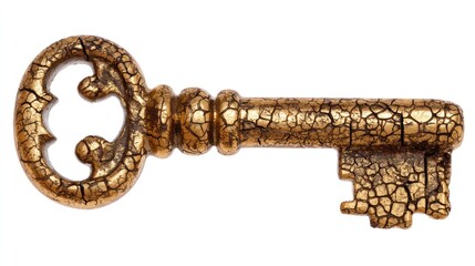 A highly detailed, golden key rests against a stark white background. The key exhibits a distressed, antique appearance with a textured, cracked gold finish, suggesting age and wear. 