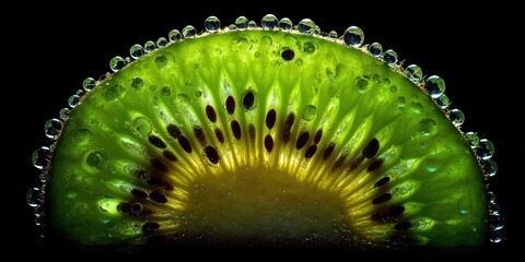 A dramatic, close-up photograph showcases a half-slice of kiwi fruit against a stark black background. The kiwi?s vibrant green flesh is illuminated, revealing its intricate internal structure 