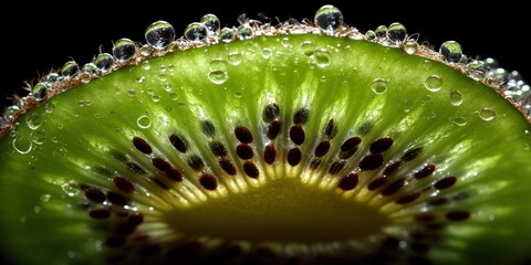 A dramatic, close-up photograph showcases a halved kiwi fruit, dramatically lit against a stark black background. Water droplets cling to the exposed flesh, creating a glistening, jewel-like effect. 